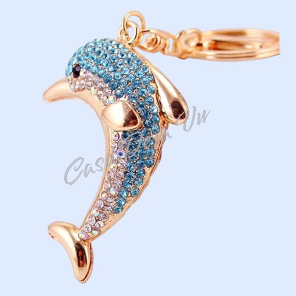 Shimmering Rhinestone Dolphin Blue & Gold Jeweled 3D Metal Alloy Key Chain Charm - Picture 1 of 5